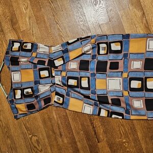 Geometric Patterned Dress in Blue, Black, and Tan